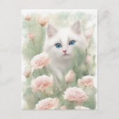 Carte Postale Chat blanc et fleurs roses (Devant)