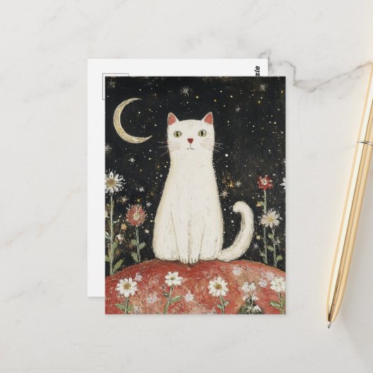 Carte Postale Chat blanc et la lune (Devant/Arrière en situation)