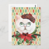 Carte Postale Chat blanc fantaisie et vacances Poinsettia (Devant / Derrière)