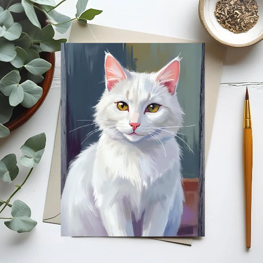 Carte Postale Chat Blanc | Peinture d'Animal de Compagnie Chat à