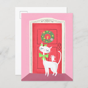 Carte postale Chat blanc rétro Noël et souris