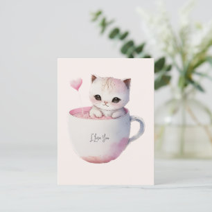 Carte Postale Chat blanc-rose mignonne dans une tasse de thé (4)