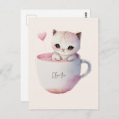 Carte Postale Chat blanc-rose mignonne dans une tasse de thé (4) (Devant / Derrière)