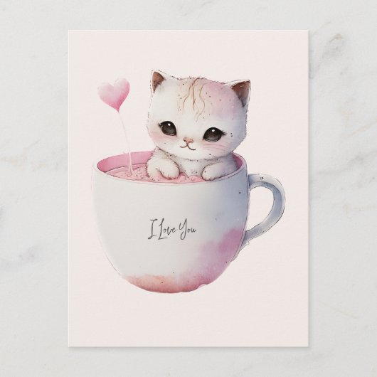 Carte Postale Chat blanc-rose mignonne dans une tasse de thé (4) (Devant)