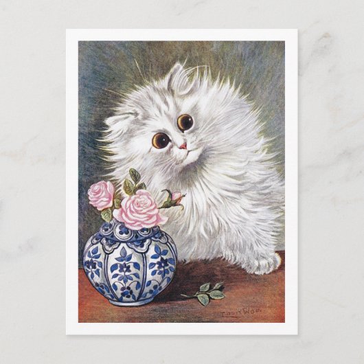 Carte Postale Chat blanc Rose Roses Louis Wain (Devant)