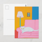 Carte Postale Chat blanc sur un canapé rose (Devant / Derrière)