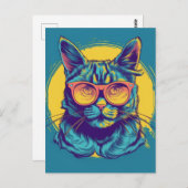 Carte Postale Chat Bleu Avec Verres Orange (Devant / Derrière)