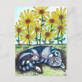 Carte postale Chat bleu et Fleurs jaunes (Devant)