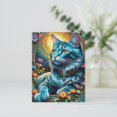 Carte Postale Chat bleu fantaisiste et oasis floral (Debout devant)