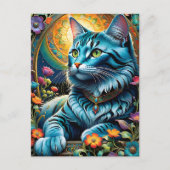 Carte Postale Chat bleu fantaisiste et oasis floral (Devant)