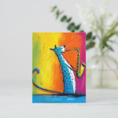 Carte Postale Chat bleu jouant du saxophone (Debout devant)