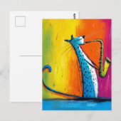 Carte Postale Chat bleu jouant du saxophone (Devant / Derrière)