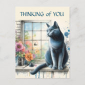 Carte Postale Chat bleu russe en fenêtre avec fleurs d'été (Devant)