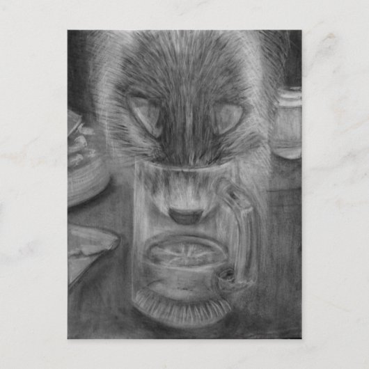 Carte Postale Chat Boire de l'eau Cute Dessin original de charbo (Devant)