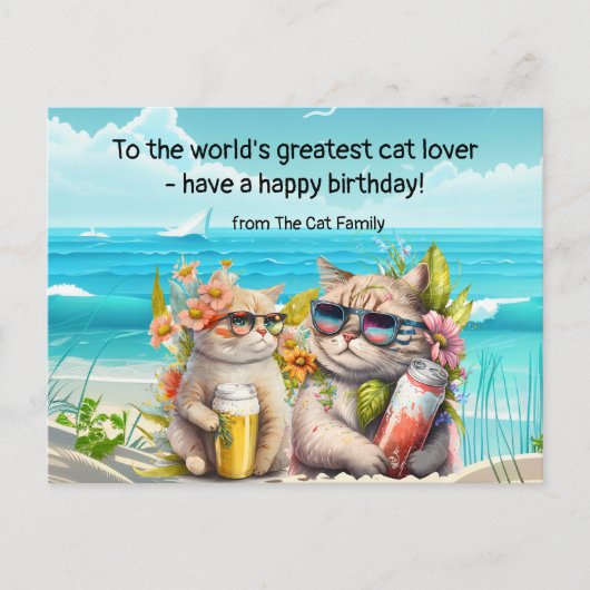 Carte Postale Chat boit sur la plage d'anniversaire (Devant)