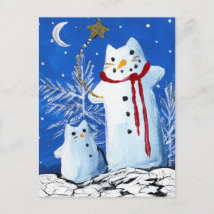 Carte Postale Chat bonhomme de neige souhaite sur une étoile