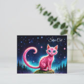 Carte Postale Chat brillant Whimsical, yeux bleu long queue art (Debout devant)