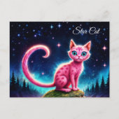 Carte Postale Chat brillant Whimsical, yeux bleu long queue art (Devant)