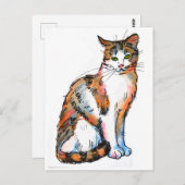 Carte Postale Chat calico #2 Peinture aquarelle de chaton félin (Devant / Derrière)