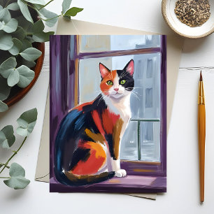 Carte Postale Chat calico   Animal de compagnie sur le rebord de