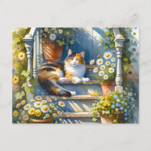 Carte Postale Chat calicot sur une véranda fleurie Cottagecore
