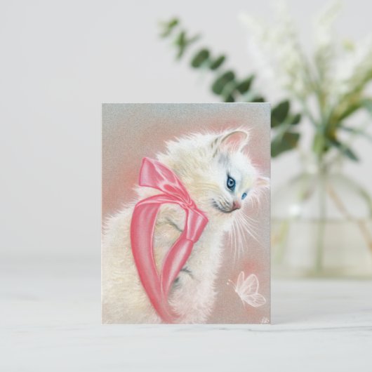 Carte postale Chat Chat Blanc Rose Bow (Debout devant)