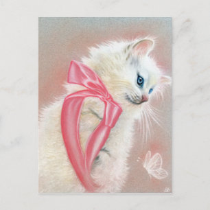 Carte postale Chat Chat Blanc Rose Bow