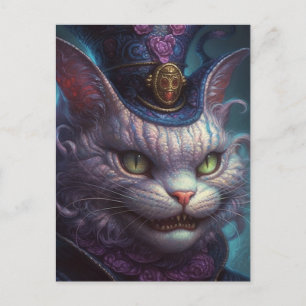 Carte Postale Chat Cheshire effrayant dans un Tophat Violet Vint