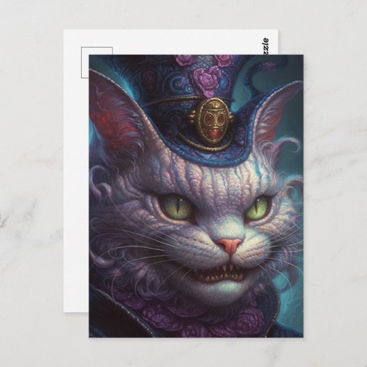 Carte Postale Chat Cheshire effrayant dans un Tophat Violet Vint (Devant / Derrière)