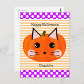 Carte Postale Chat Citrouille violet orange Joyeux Halloween (Devant / Derrière)