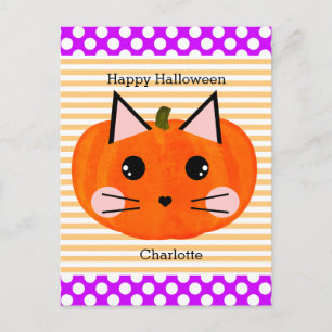 Carte Postale Chat Citrouille violet orange Joyeux Halloween