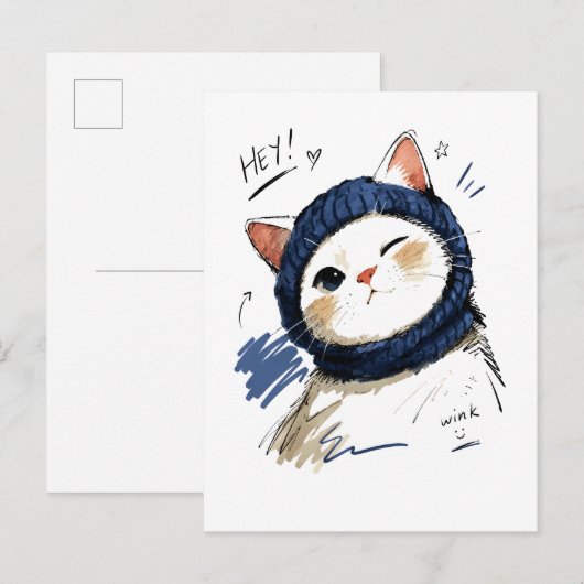 Carte Postale Chat clignant avec une écharpe tricotée confortabl (Devant / Derrière)