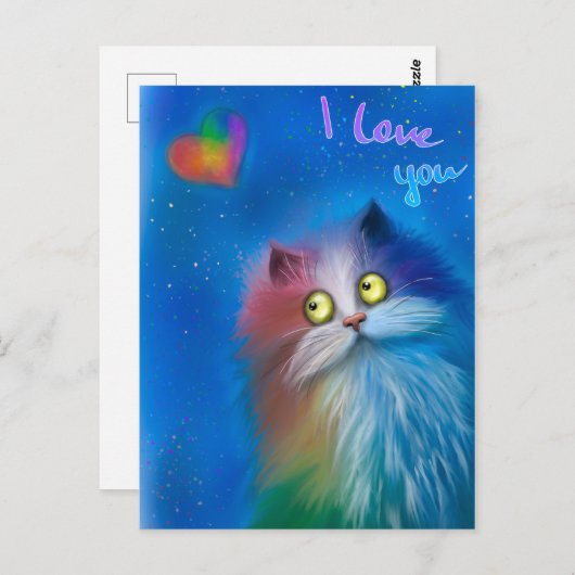 Carte Postale Chat coloré amoureux (Devant / Derrière)