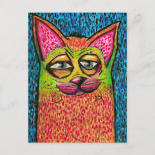 Carte Postale Chat coloré au pastel à l'huile Couleurs vives Cha