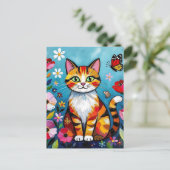 Carte Postale Chat Coloré, Fleurs et Papillon (Debout devant)