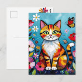 Carte Postale Chat Coloré, Fleurs et Papillon (Devant / Derrière)