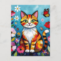 Chat Coloré, Fleurs et Papillon