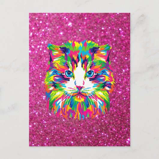 Carte Postale Chat coloré sur fond scintillant (Devant)
