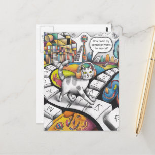 Carte Postale chat coloré surréaliste écoute de la musique