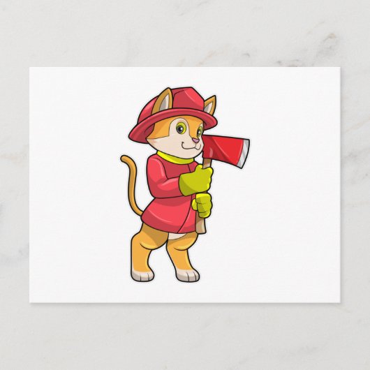 Carte Postale Chat comme pompier avec Ax (Devant)