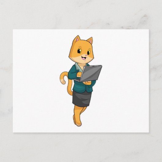 Carte Postale Chat comme secrétaire avec ordinateur portable (Devant)