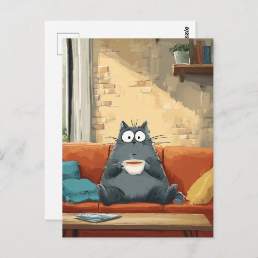 Carte Postale Chat confortable avec café (Devant / Derrière)