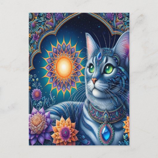 Carte Postale Chat contemplant un ciel étoilé à minuit (Devant)