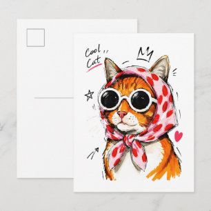 Carte Postale Chat Cool avec Lunettes de Soleil & Foulard à Pois