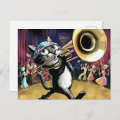 Carte Postale Chat cool jouant du jazz sur saxophone (Devant / Derrière)