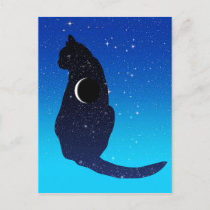Carte Postale Chat cosmique en étoiles et Motif de lune de crois