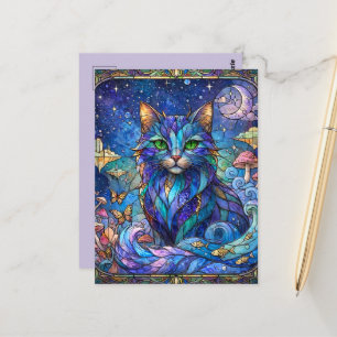 Carte Postale Chat Cosmique Vitrail Surréaliste Yeux Bleus Verts