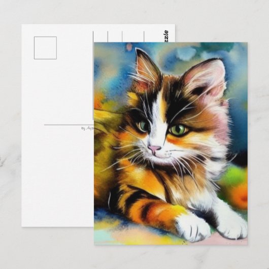Carte Postale Chat couché, aquarelle - (Devant / Derrière)