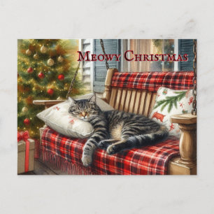 Carte Postale Chat couché et sapin de Noël