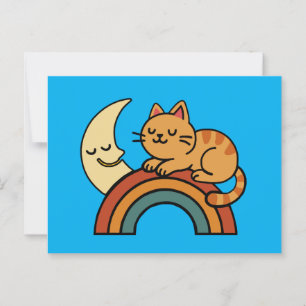 Carte Postale Chat couché mignon sur arc-en-ciel avec lune